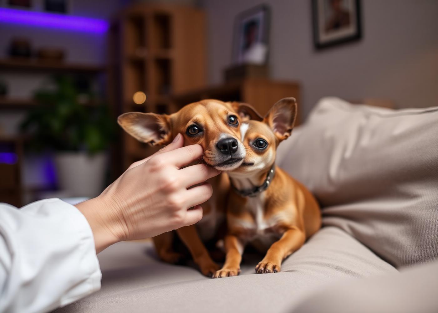 Veterinario atendiendo a un perro pequeño en casa